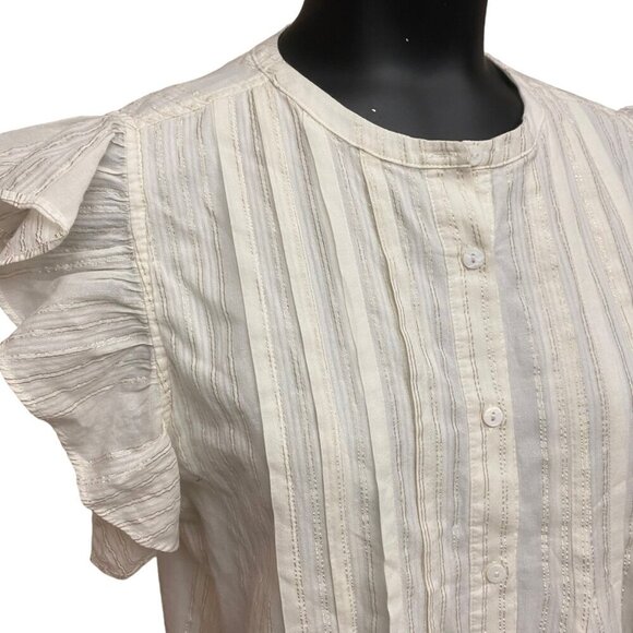 Joe’s Jeans Cream and Gold Pinstripe Ruffle Sleeve Cotton Top Size Large - Picture 2 of 7